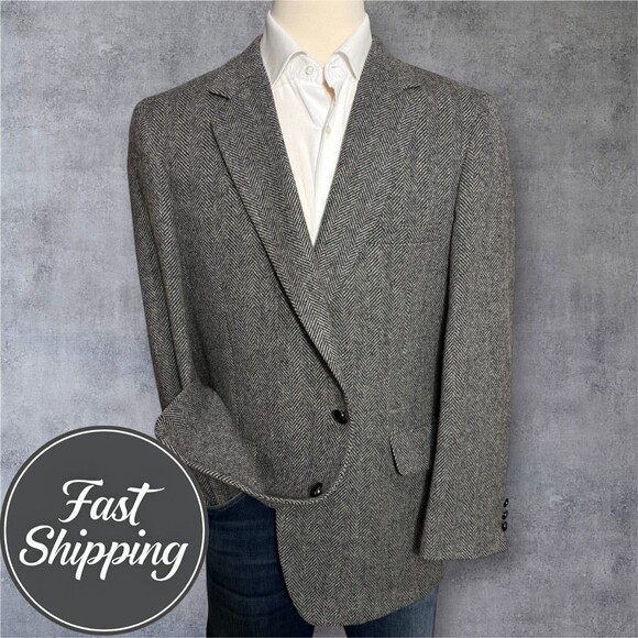 Vintage 44R Tweed Wool Gray Herringbone Blazer Sport Coat Jacket 2-Button USA - Picture 1 of 13